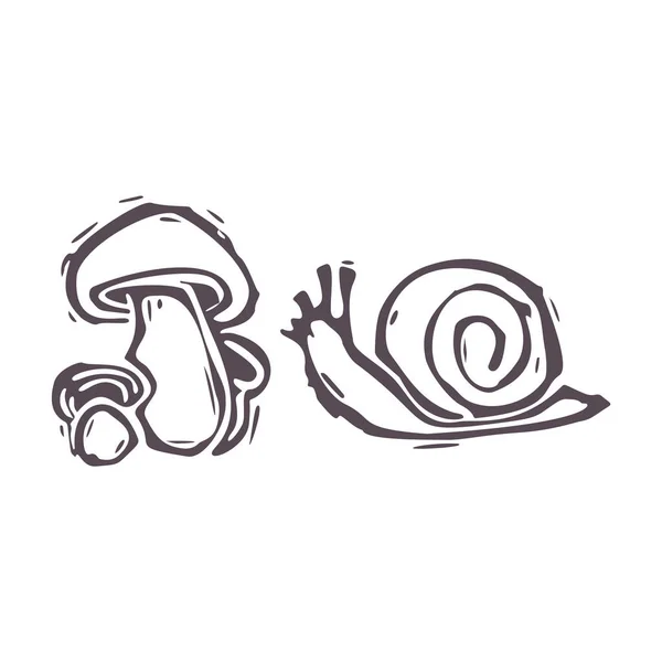 手彫り大胆なブロックプリントカタツムリやキノコのアイコンクリップアート。民俗イラストデザイン要素。近代的なboho装飾的なlinocut 。民族的なミュートされた自然なトーン。孤立した素朴なベクトルモチーフ. — ストックベクタ