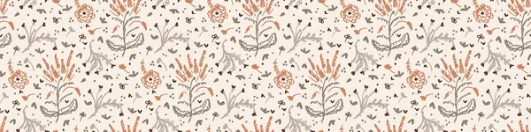 Sömlös minimalistisk klotter blomma gränsen mönster. Lugn jordig färg kant banner. Enkel modern scandi unisex baby design. Organisk barnslig könsneutral maskeringstejp. Handritad blomsterdekoration. — Stock vektor