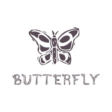 Kelebek desenli el oyması, Kelebek klipsli resim. Folk Illustration tasarım elementi. Modern boho dekoratif linocut. Etnik ve sessiz doğal ses tonları. İzole edilmiş kırsal vektör motifi. 