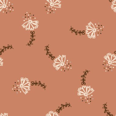 Kusursuz minimalist karalama çiçek desenli arka plan. Sakin boho dünya renginde duvar kağıdı. Basit modern skandi unisex çiçek tasarımı. Her yerde organik, çocuksu, cinsiyetsiz, tarafsız bir bebek var. El çizimi.