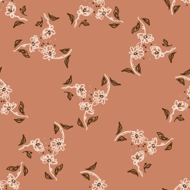 Kusursuz minimalist karalama çiçek desenli arka plan. Sakin boho dünya renginde duvar kağıdı. Basit modern skandi unisex çiçek tasarımı. Her yerde organik, çocuksu, cinsiyetsiz, tarafsız bir bebek var. El çizimi.