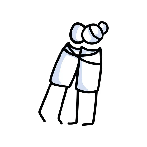 Figura stilizzata del bastone della donna anziana che abbraccia il nipote. Abbraccio anziano covid 19 supporto illustrato schizzo vettoriale. — Vettoriale Stock
