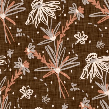 Kusursuz keten karalama çiçek desenli arka plan. Sakin boho dünya renginde duvar kağıdı. Basit modern skandi unisex çiçek tasarımı. Her yerde organik, çocuksu, cinsiyetsiz, tarafsız bir bebek var. El çizimi.