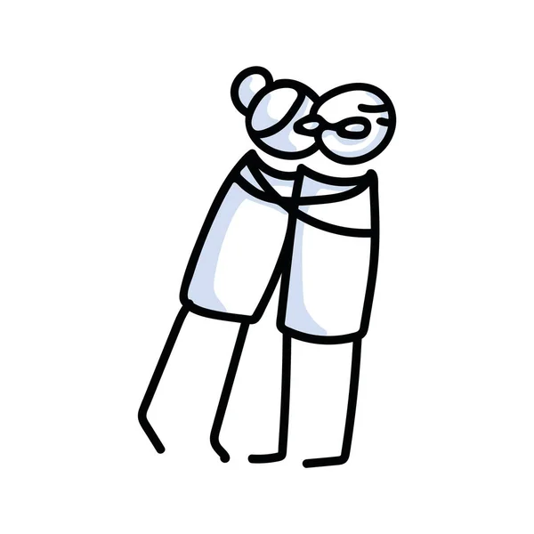 Drawn stick figure of senior woman hugging senior man. Elderly embrace together support illustrated vector sketchnote. — Wektor stockowy