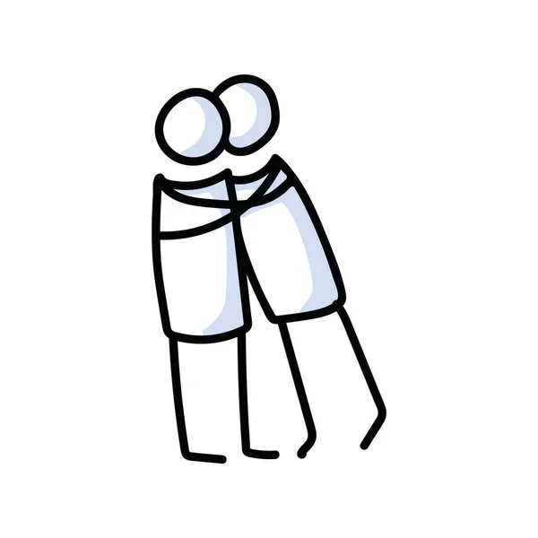 Figura de palo dibujado de 2 amigos abrazándose. El apoyo de los jóvenes abrazan juntos ilustrado vector sketchnote. — Vector de stock