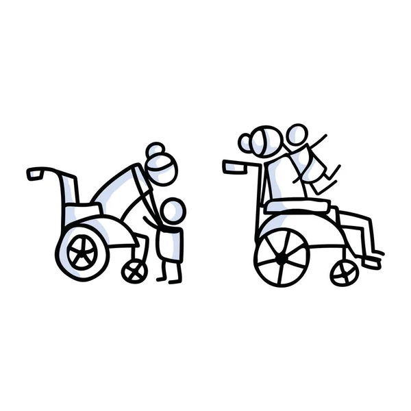 Figure de bâton dessiné d'une femme âgée embrassant son petit-enfant en fauteuil roulant. Les personnes âgées embrassent ensemble soutenir illustré croquis vectoriel note. — Image vectorielle