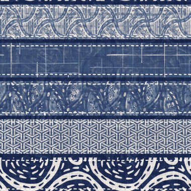 Denim mavisi yamalı örgü dokusu. Eski model baskılı pamuk tekstil efekti. Yamalı kot ev dekorasyonu yumuşak mobilya arka planı. Kumaş baskı malzemesinin her tarafına sccandi yorgan dikişi atılmış..