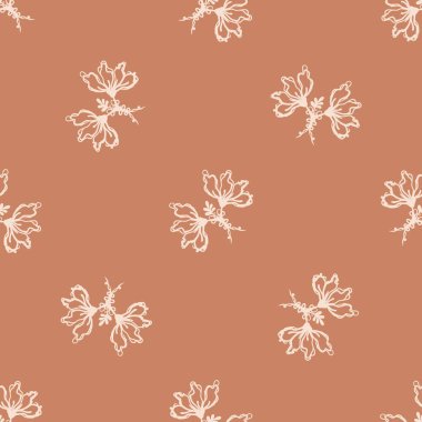 Kusursuz minimalist karalama yaprağı kalıbı. Sakin boho dünya renginde duvar kağıdı. Basit modern skandi unisex çiçek tasarımı. Her yerde organik, çocuksu, cinsiyetsiz, tarafsız bir bebek var. El çizimi.