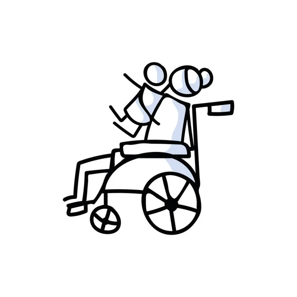 Tecknad pinne figur av äldre kvinna kramar barnbarn i rullstol. Äldre omfamna tillsammans stöd illustrerad vektor skiss not. — Stock vektor