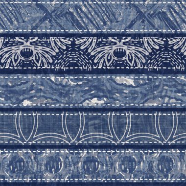 Denim mavisi yamalı örgü dokusu. Eski model baskılı pamuk tekstil efekti. Yamalı kot ev dekorasyonu yumuşak mobilya arka planı. Kumaş baskı malzemesinin her tarafına sccandi yorgan dikişi atılmış..