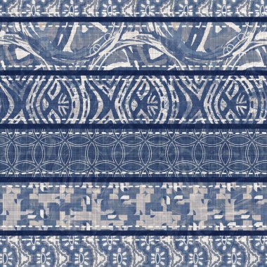 Denim mavisi yamalı örgü dokusu. Eski model baskılı pamuk tekstil efekti. Yamalı kot ev dekorasyonu yumuşak mobilya arka planı. Kumaş baskı malzemesinin her tarafına sccandi yorgan dikişi atılmış..