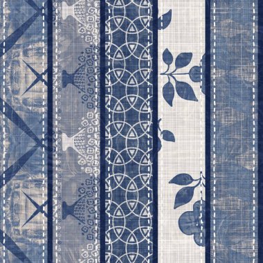 Denim mavisi yamalı örgü dokusu. Eski model baskılı pamuk tekstil efekti. Yamalı kot ev dekorasyonu yumuşak mobilya arka planı. Kumaş baskı malzemesinin her tarafına sccandi yorgan dikişi atılmış..