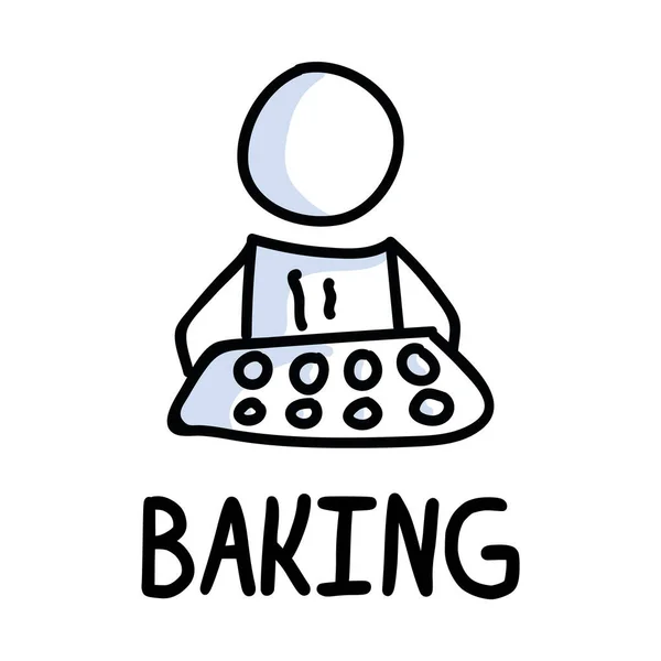 Stick figurák ikon sütés cookie-k. Szakács otthon főzés piktogram szöveges — Stock Vector