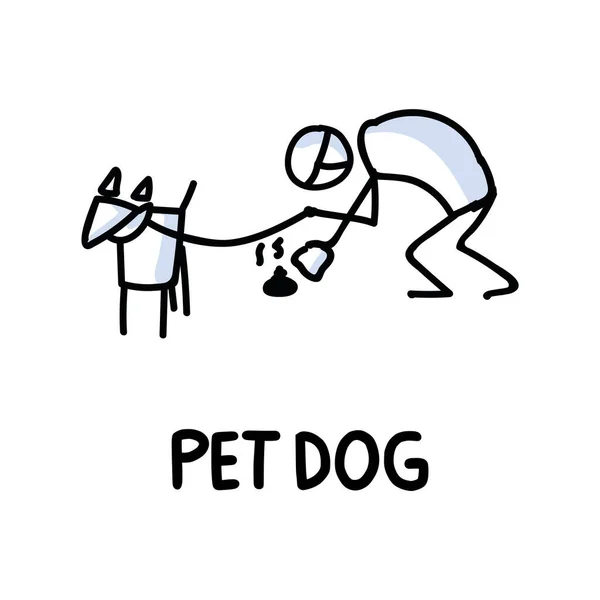 Stick figures icon of pet dog and owner. Puppy pictogram with text — Stock Vector