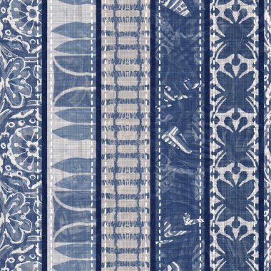 Denim mavisi yamalı örgü dokusu. Eski model baskılı pamuk tekstil efekti. Yamalı kot ev dekorasyonu yumuşak mobilya arka planı. Kumaş baskı malzemesinin her tarafına sccandi yorgan dikişi atılmış..