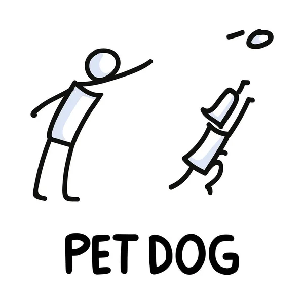 Stick figure icona del cane da compagnia e proprietario. Pittogramma cucciolo con testo — Vettoriale Stock