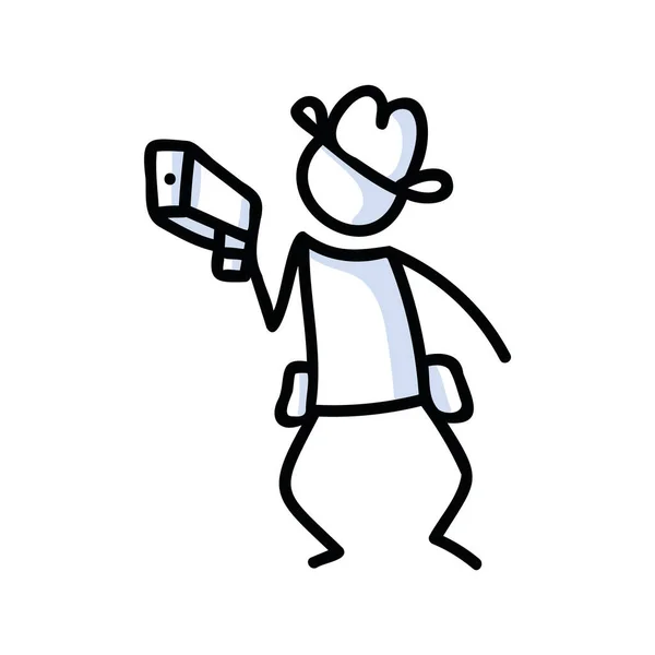 Figura in bianco e nero disegnato bastone di cowboy con pistola clip art. Arma maschile selvaggia per bozzetto icona popolare monocromatica o disegno vettoriale scrapbook illustrato. — Vettoriale Stock