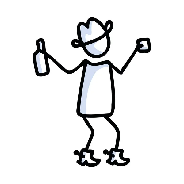 Figura in bianco e nero disegnato bastone di cowboy con bere clip art. Barra maschile selvaggia per bozzetto icona popolare monocromatica o disegno vettoriale scrapbook illustrato. — Vettoriale Stock