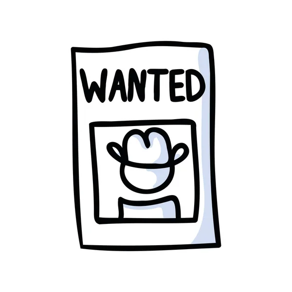 Black and white drawn stick figure of cowboy wanted poster clip art. Wild masculine criminal for monochrome folk icon sketchnote or illustrated scrapbook vector silhouette motif. — Stock Vector