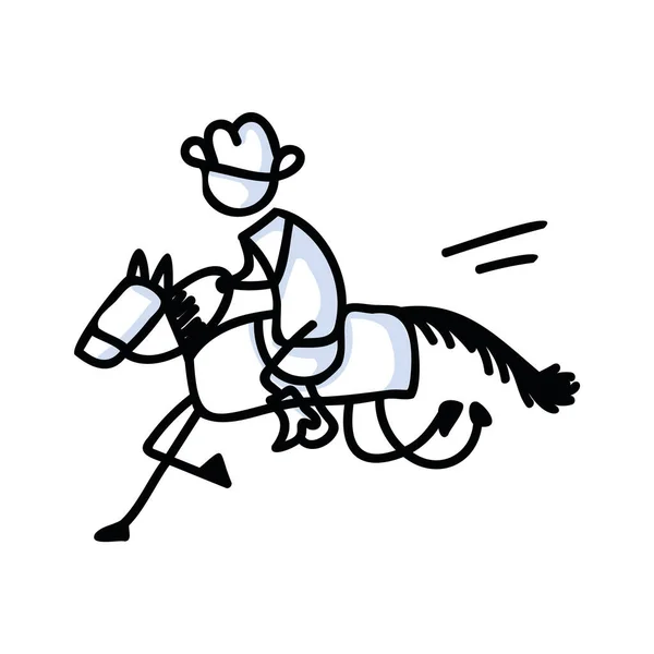 Black and white drawn stick figure of cowboy horseback rider clip art. Wild masculine stallion for monochrome folk icon sketchnote or illustrated scrapbook vector silhouette motif. — Stock Vector