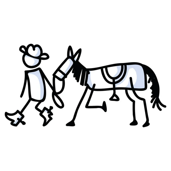 Figurine en bâton noir et blanc dessinée de clip art de cheval de cow-boy. Étalon masculin sauvage pour icône folklorique monochrome note de croquis ou motif de silhouette vectorielle scrapbook illustré. — Image vectorielle