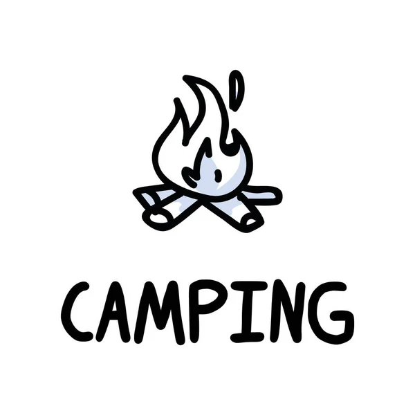 Stick figures icon of campfire. Vacation pictogram with text — Stock Vector