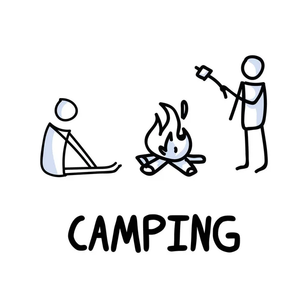 Ставьте фигурки, символизирующие палаточный лагерь на открытом воздухе. Пиктограмма праздника с текстом — стоковый вектор