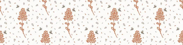 Sömlös minimalistisk klotter blomma gränsen mönster. Lugn jordig färg kant banner. Enkel modern scandi unisex baby design. Organisk barnslig könsneutral maskeringstejp. Handritad blomsterdekoration. — Stock vektor