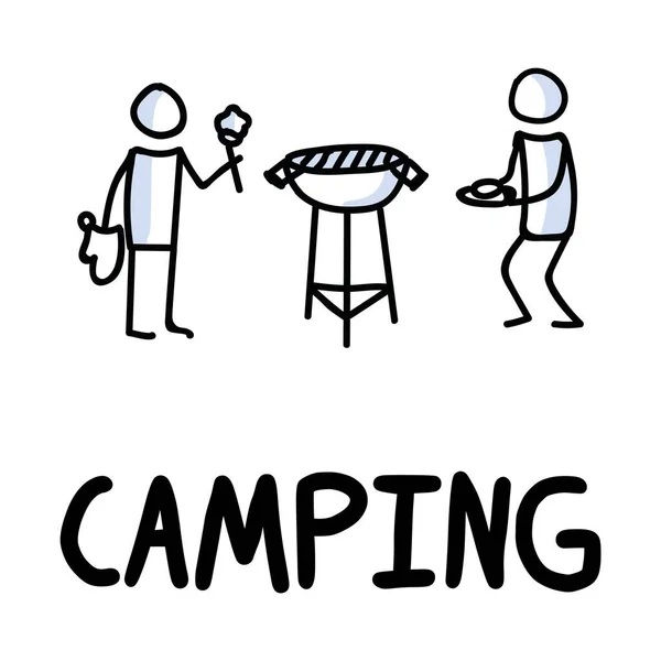 Stick figures icon of outdoor camping. Holiday pictogram with text — Stock Vector