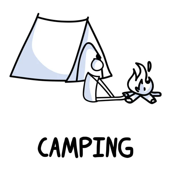 Stick figures icône du camping en plein air. Pictogramme de vacances avec texte — Image vectorielle