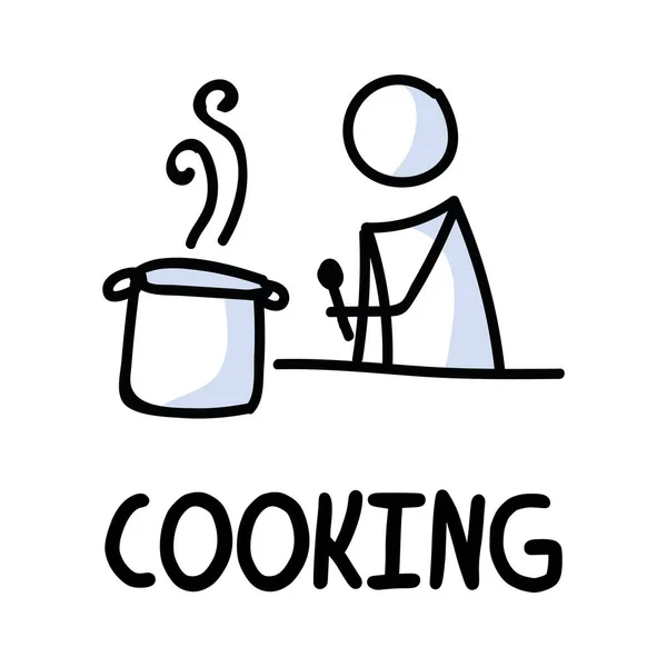 Stick figures icon of home cooking food. Chef pictogram with text — Stock Vector