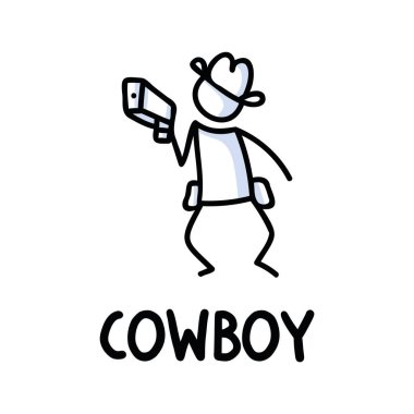Siyah beyaz çizilmiş bir kovboy figürü ve kısa mesaj sanatı. Tek renkli folklor ikonu çizimi ya da resimli silüet çizim defteri motifi için vahşi erkeksi silah. 