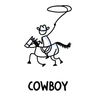 Kovboy binicisi metninin siyah beyaz çizgili çöp adam. Tek renkli folklor ikonu çizimi ya da resimli silüet çizim defteri motifi için vahşi erkeksi aygır.
