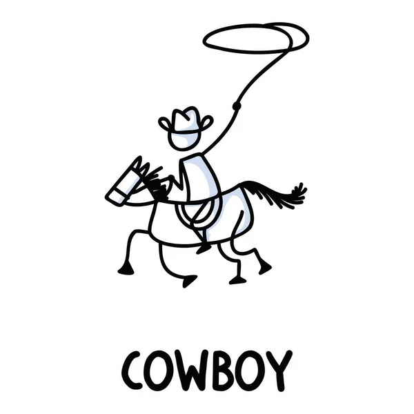 Preto e branco desenhado figura vara de cowboy cavaleiro texto. Garanhão masculino selvagem para ícone popular monocromático sketchnote ou ilustrado scrapbook vector silhueta motivo. — Vetor de Stock