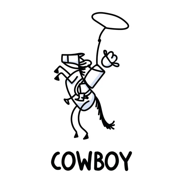 Black and white drawn stick figure of cowboy horseback rider text. Wild masculine stallion for monochrome folk icon sketchnote or illustrated scrapbook vector silhouette motif. — Stock Vector
