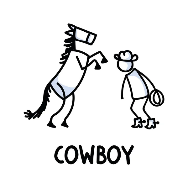 Figura de palo dibujado blanco y negro de texto de caballo vaquero. Semental masculino salvaje para el icono popular monocromo sketchnote o el motivo ilustrado de la silueta del vector del álbum de recortes. — Vector de stock