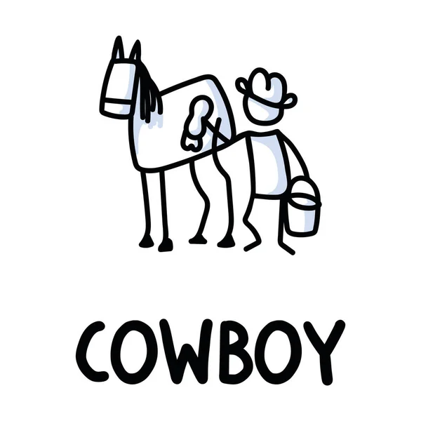 Black and white drawn stick figure of cowboy washing horse text. Wild country stable man for monochrome rodeo folk icon sketch note or illustrated scrapbook vector silhouette motif. — Stock Vector