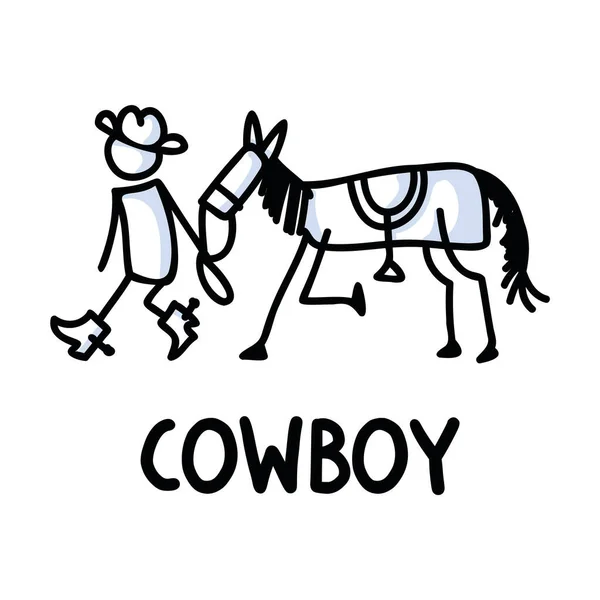 Bâton dessiné noir et blanc de texte de cheval de cow-boy. Étalon masculin sauvage pour icône folklorique monochrome note de croquis ou motif de silhouette vectorielle scrapbook illustré. — Image vectorielle