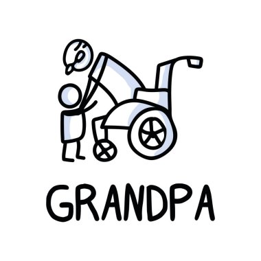 Yaşlı adamın torununa sarılmasının simgesi. Yaşlılar birlikte metin ile pictogram destek kucaklama