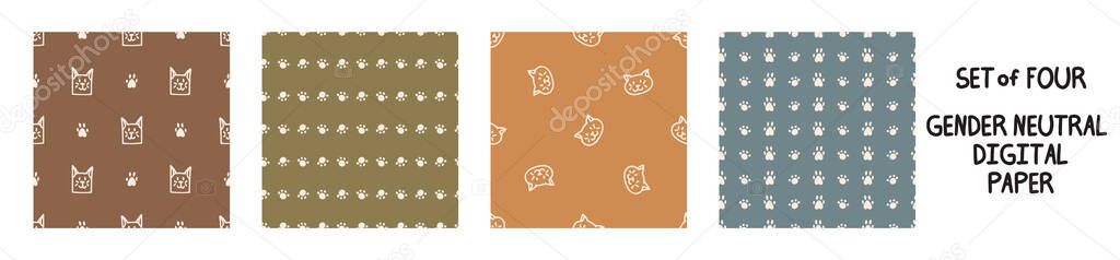Seemless background pet cat set of 5 patterns. Whimsical minimal earthy 2 tone color. kids nursery wallpaper or boho cartoon pet fashion all over print.
