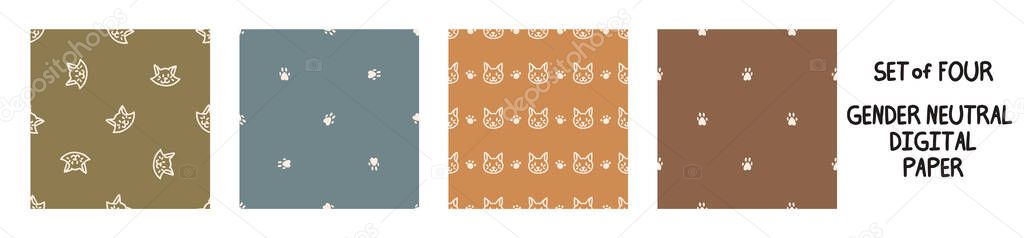 Seemless background pet cat set of 5 patterns. Whimsical minimal earthy 2 tone color. kids nursery wallpaper or boho cartoon pet fashion all over print.