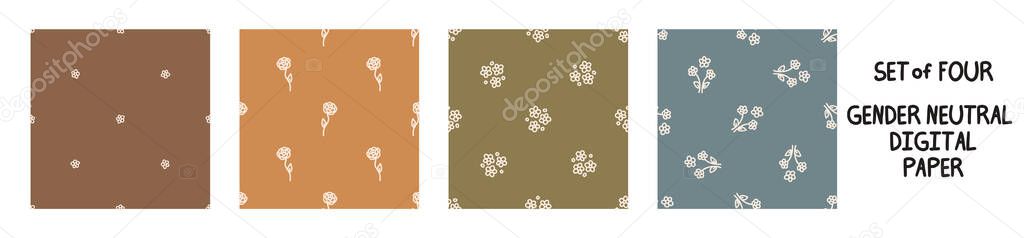 Seemless background flower set of 5 patterns. Whimsical minimal earthy 2 tone color. kids nursery wallpaper or boho cartoon pet fashion all over print.