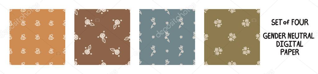 Seemless background flower and bug set of 5 patterns. Whimsical minimal earthy 2 tone color. kids nursery wallpaper or boho cartoon pet fashion all over print.