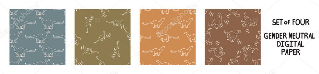 Seemless background apatosaurus dinosaur set of 4 patterns. Whimsical minimal earthy 2 tone color. kids nursery wallpaper or boho cartoon pet fashion all over print.