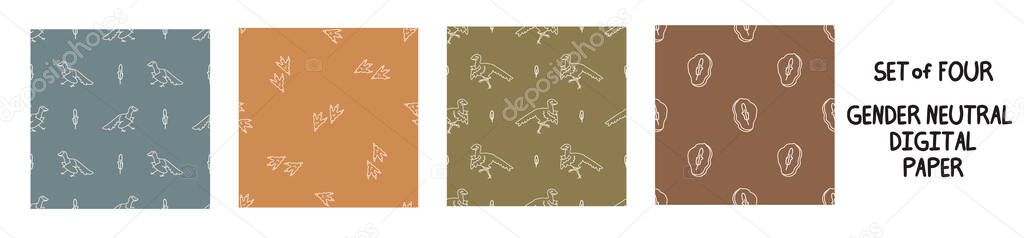 Seemless background archaeopteryx dinosaur set of 4 patterns. Whimsical minimal earthy 2 tone color. kids nursery wallpaper or boho cartoon pet fashion all over print.