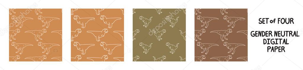 Seemless background allosaurus dinosaur set of 4 patterns. Whimsical minimal earthy 2 tone color. kids nursery wallpaper or boho cartoon pet fashion all over print.