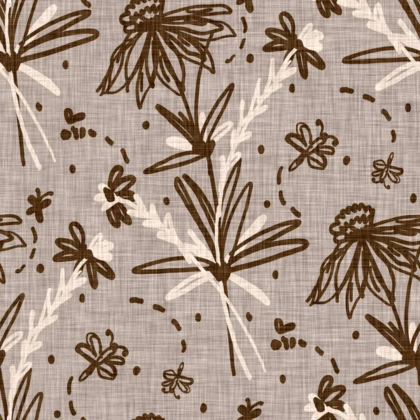 Seamless linen doodle floral pattern background. Calm boho earthy tone color wallpaper. Simple modern scandi unisex flower design. Organic childish gender neutral baby all over print. Hand drawn. — Stock Photo, Image