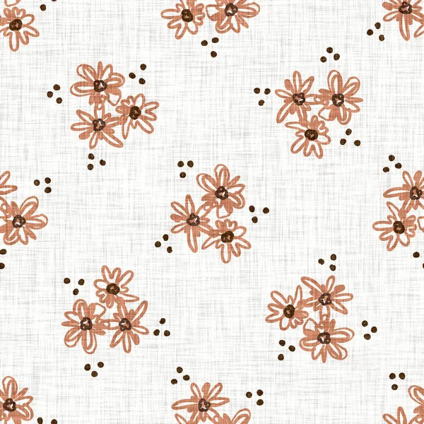 Seamless linen doodle floral pattern background. Calm boho earthy tone color wallpaper. Simple modern scandi unisex flower design. Organic childish gender neutral baby all over print. Hand drawn.