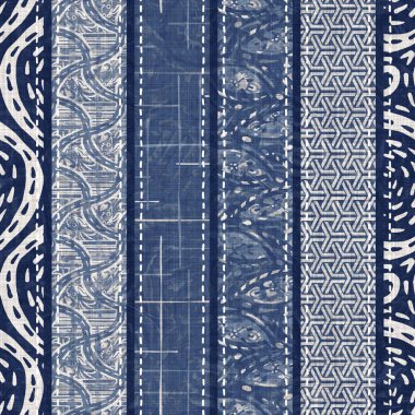 Denim mavisi yamalı örgü dokusu. Eski model baskılı pamuk tekstil efekti. Yamalı kot ev dekorasyonu yumuşak mobilya arka planı. Kumaş baskı malzemesinin her tarafına sccandi yorgan dikişi atılmış..