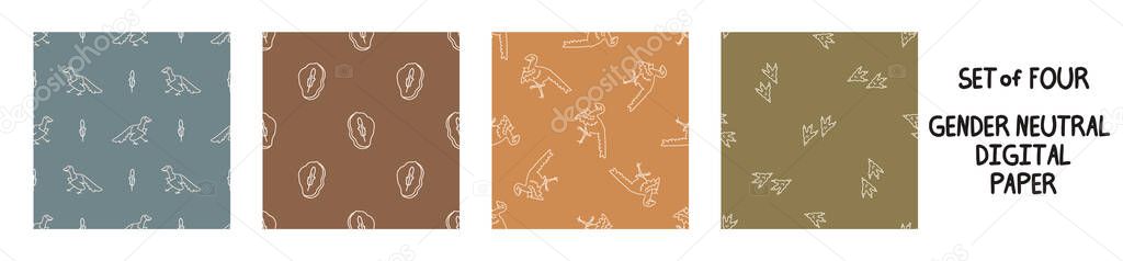 Seemless background archaeopteryx dinosaur set of 4 patterns. Whimsical minimal earthy 2 tone color. kids nursery wallpaper or boho cartoon pet fashion all over print.